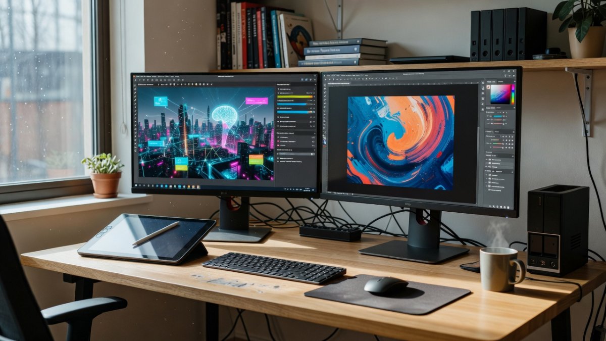 Modern creative workspace with AI image generation interfaces