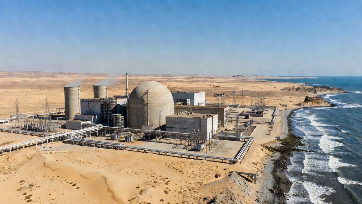 Exterior view of Bushehr nuclear power plant facility in southern Iran