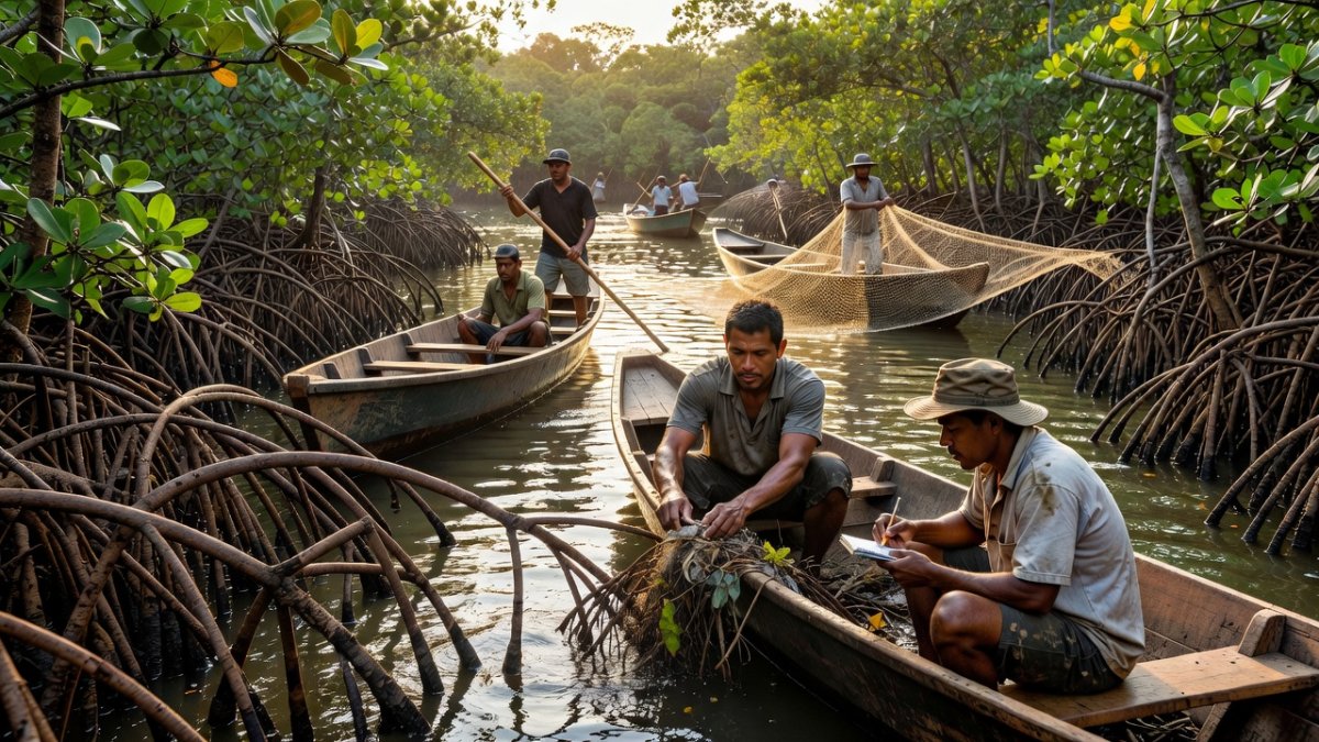 Afro-Colombian fishermen working among mangrove roots