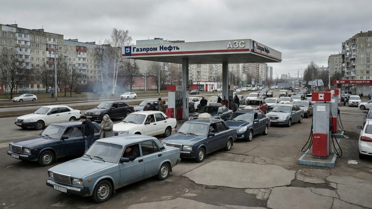 Long queues at a Russian gas station during fuel shortages