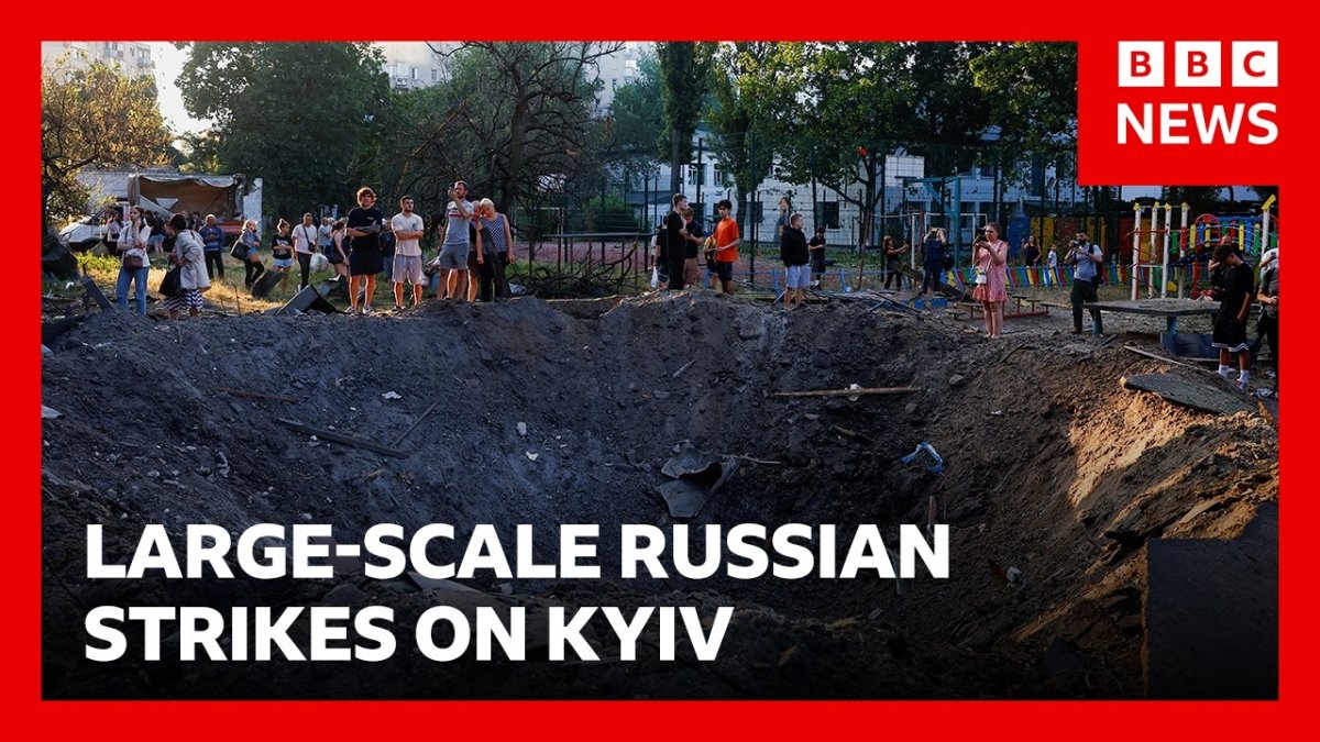 BBC News YouTube thumbnail showing the aftermath of Russian strikes on Kyiv