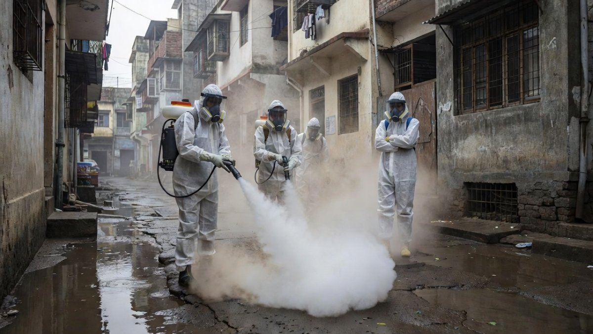 Health workers conducting fogging operations near stagnant water pools in Sector 30