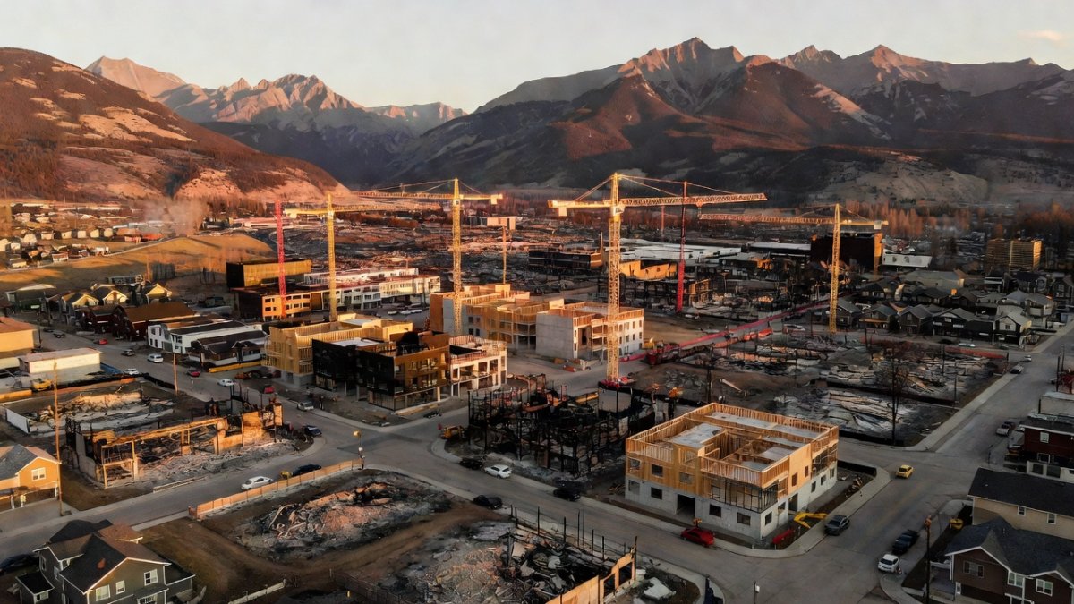 Construction and rebuilding efforts in Jasper, Alberta, Rocky Mountains