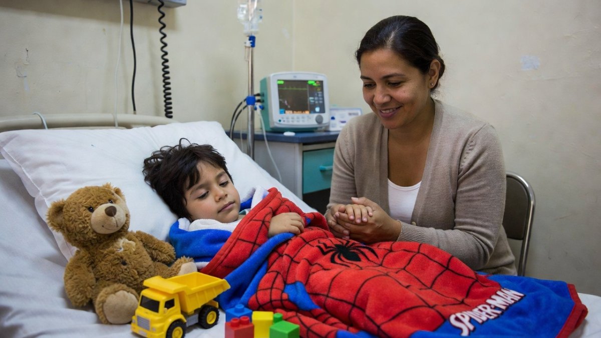 Two-year-old Kleiber Moran recovering in a Caracas hospital wrapped in a Spiderman blanket, cared for by his aunt Andreína Sarmiento.
