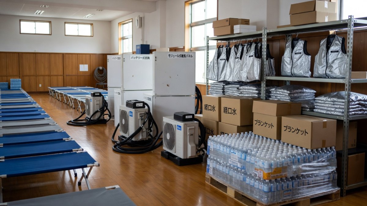 Portable climate-control equipment at a Japanese evacuation shelter