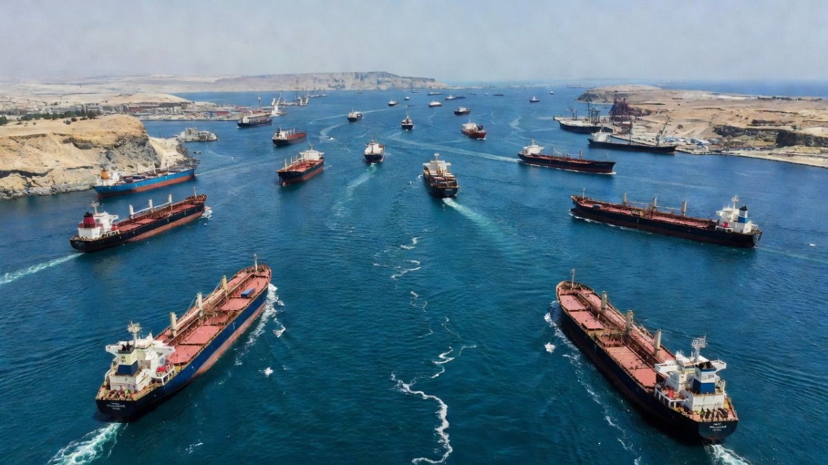 Strait of Hormuz with cargo ships and oil tankers at the strategic maritime chokepoint
