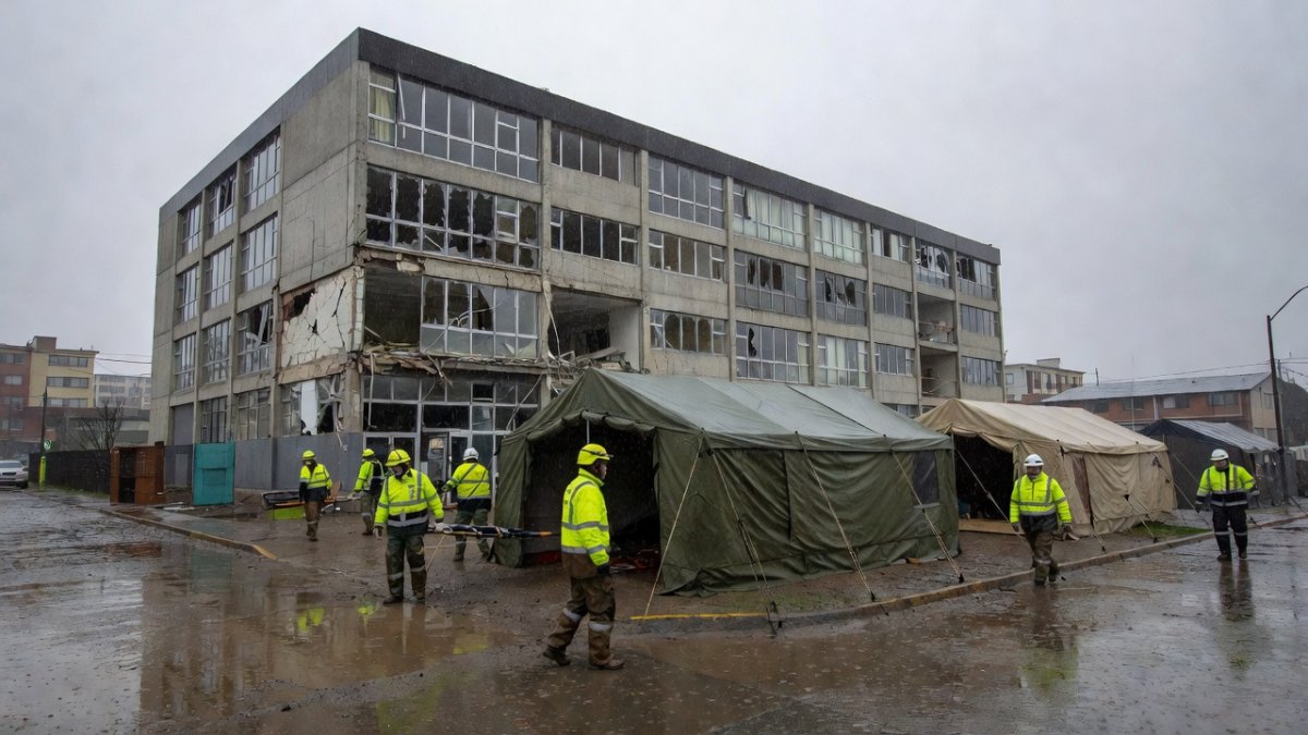 Damaged Hospital de Ovalle with Chilean Army field hospital tents deployed