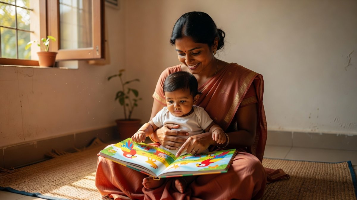 Indian mother reading to her baby during screen-free playtime