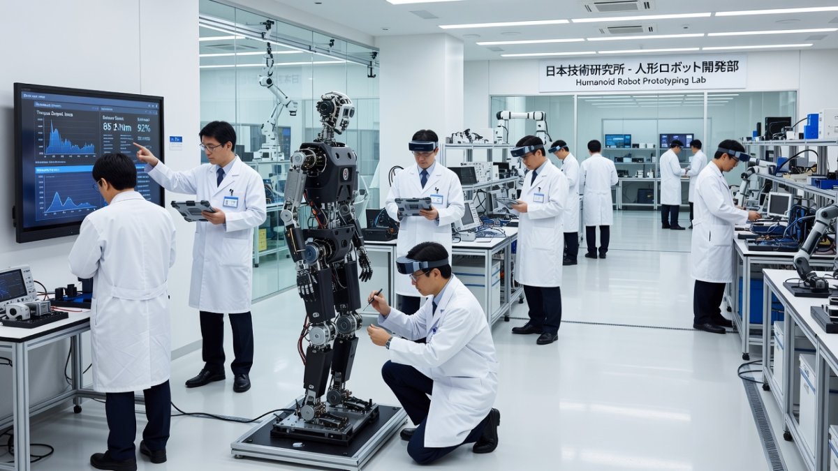 Researchers working on humanoid robot development at a Japanese technology laboratory
