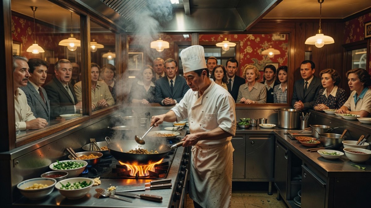 Glass-enclosed open kitchen at Poon's of Covent Garden, revolutionary 1970s London design