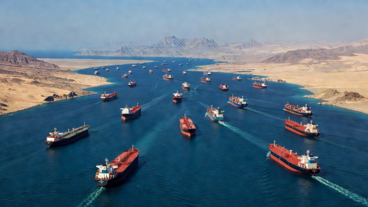 Cargo ships navigating the strategic Strait of Hormuz waterway
