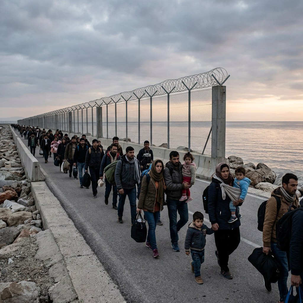 Migrants and families gather along a coastal border route near Ceuta during the mass crossing