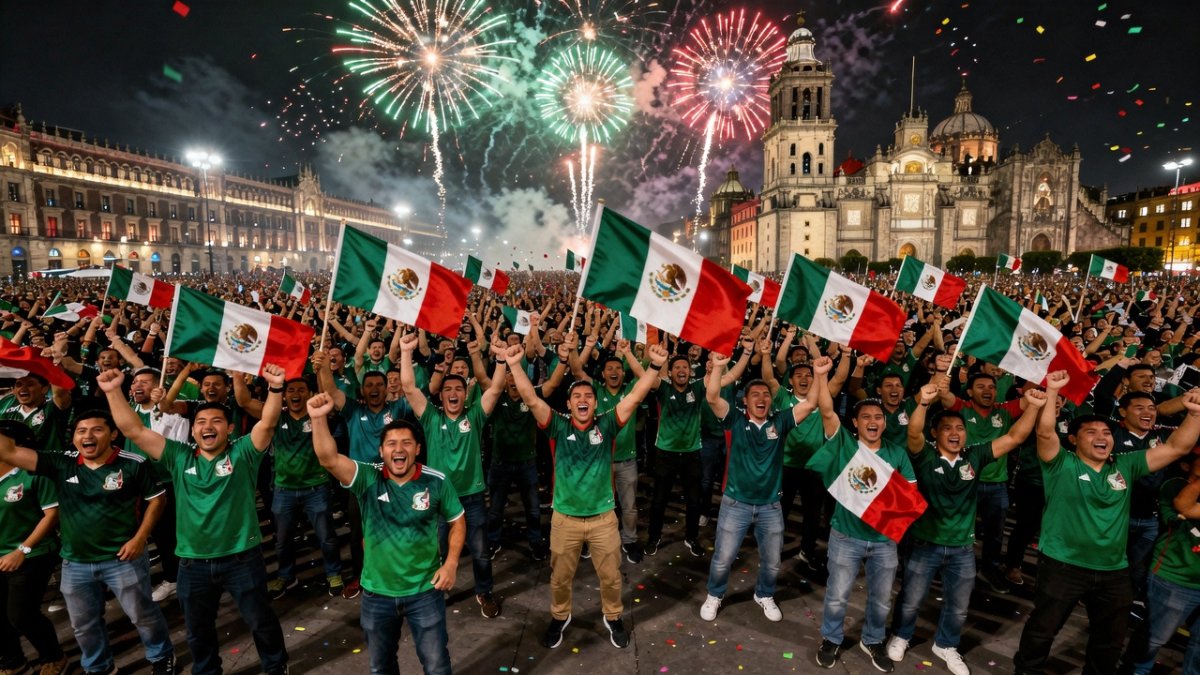 Mexican fans celebrating in Zocalo square after World Cup 2026 knockout win
