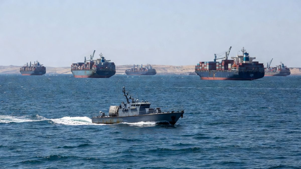 Security patrol vessel navigating near commercial ships in the Strait of Hormuz
