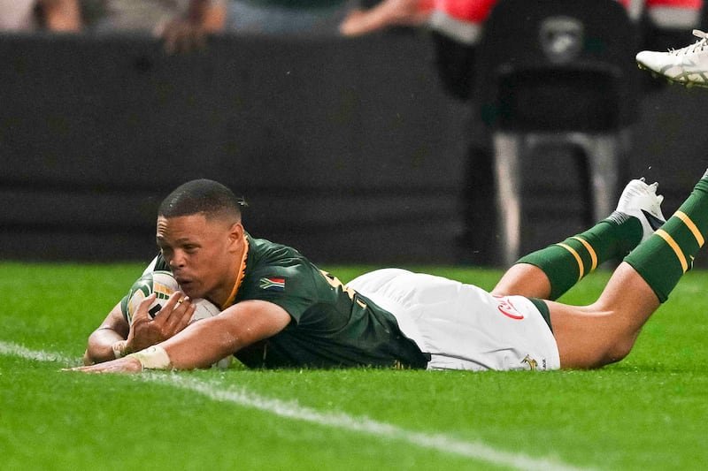 Vusi Moyo kicking conversion during Springboks vs Wales at Kings Park