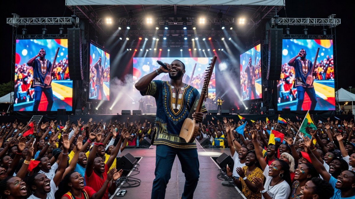 Burna Boy performing at the World Cup halftime show with Shakira