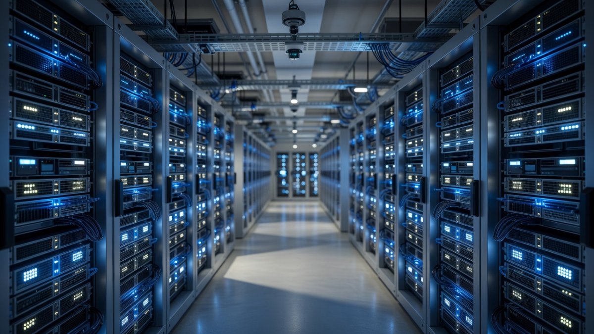 AI data center interior with server racks for high-density storage