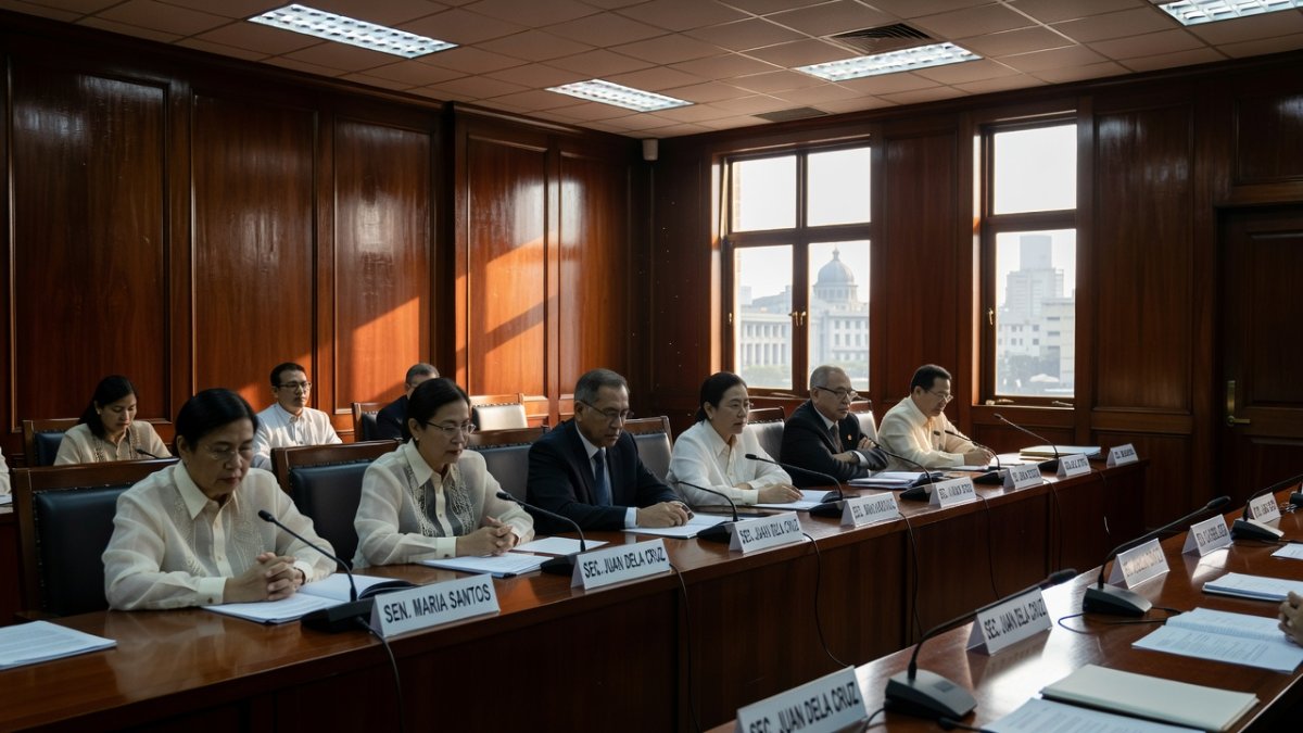 Philippine Senate hearing room with officials discussing the School Safety Act at a committee hearing