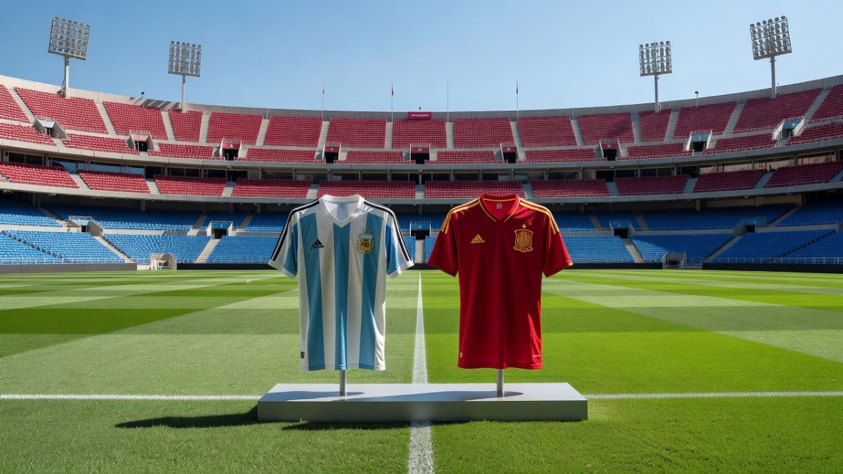 Generational clash in football: classic Argentina jersey and modern Spain jersey symbolizing Messi and Yamal at the World Cup final