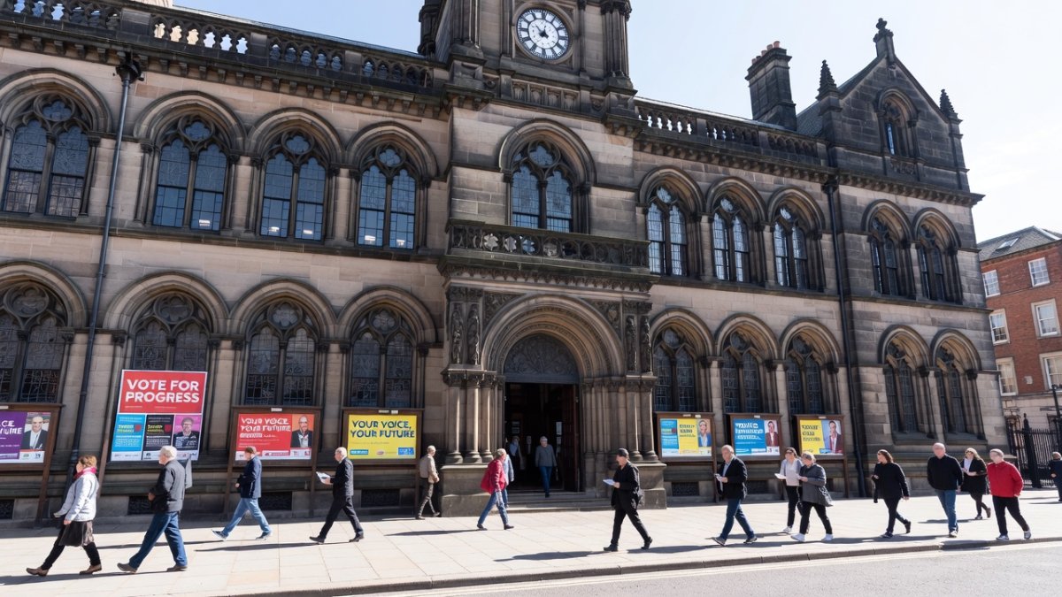 Town hall and civic election scene in Greater Manchester