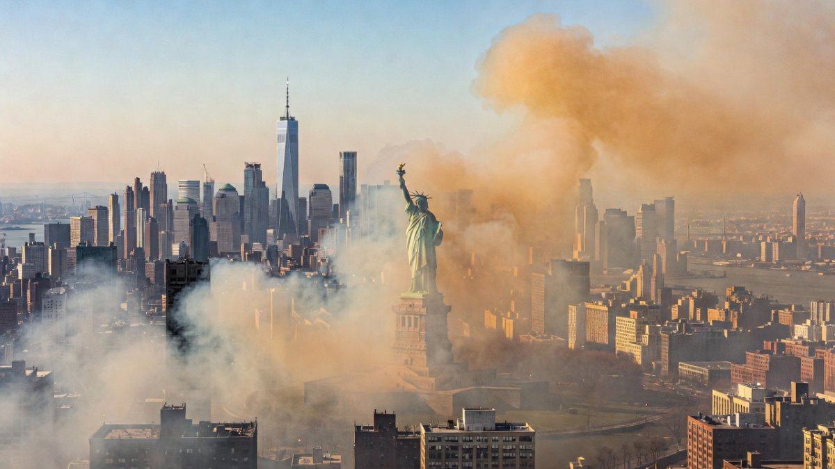 New York City skyline and Statue of Liberty obscured by wildfire smoke haze