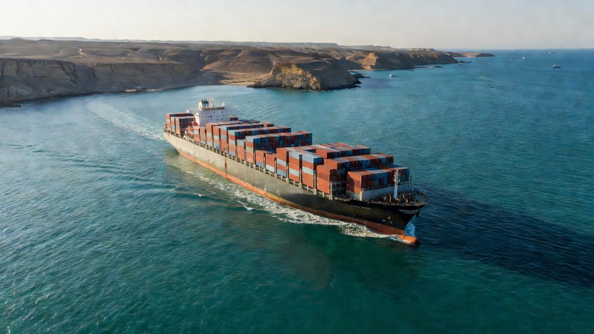 Aerial view of the Strait of Hormuz, a strategic waterway through which 20% of global oil shipments pass