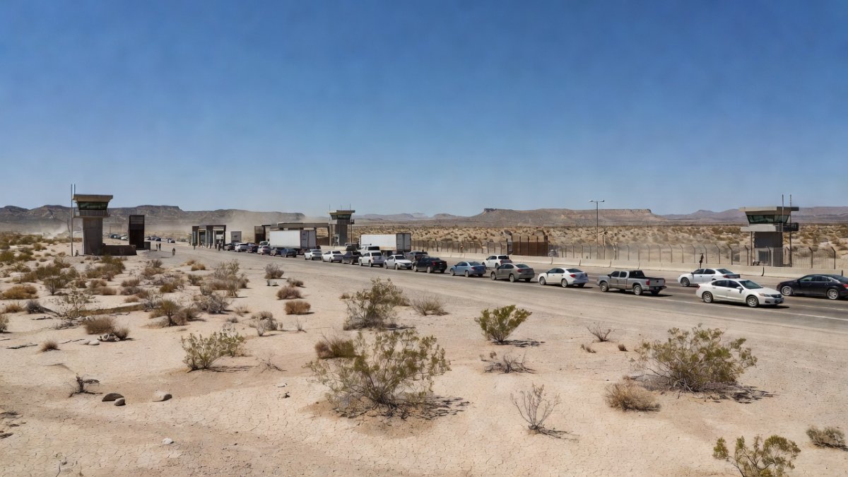 US-Mexico border crossing at checkpoint, desert landscape