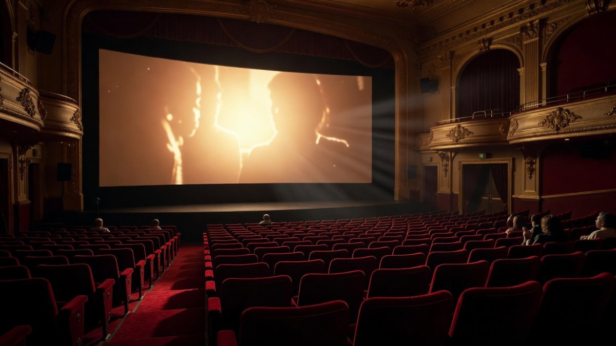 Historic interior view of the Cinerama Dome showing its curved screen and 937-seat auditorium