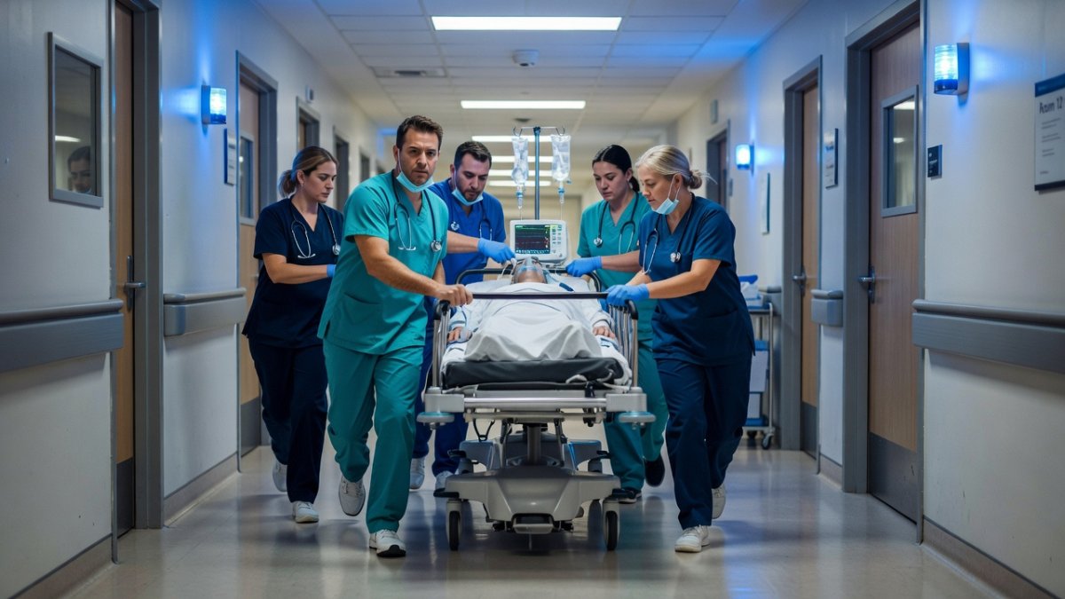 Medical team emergency response hospital corridor