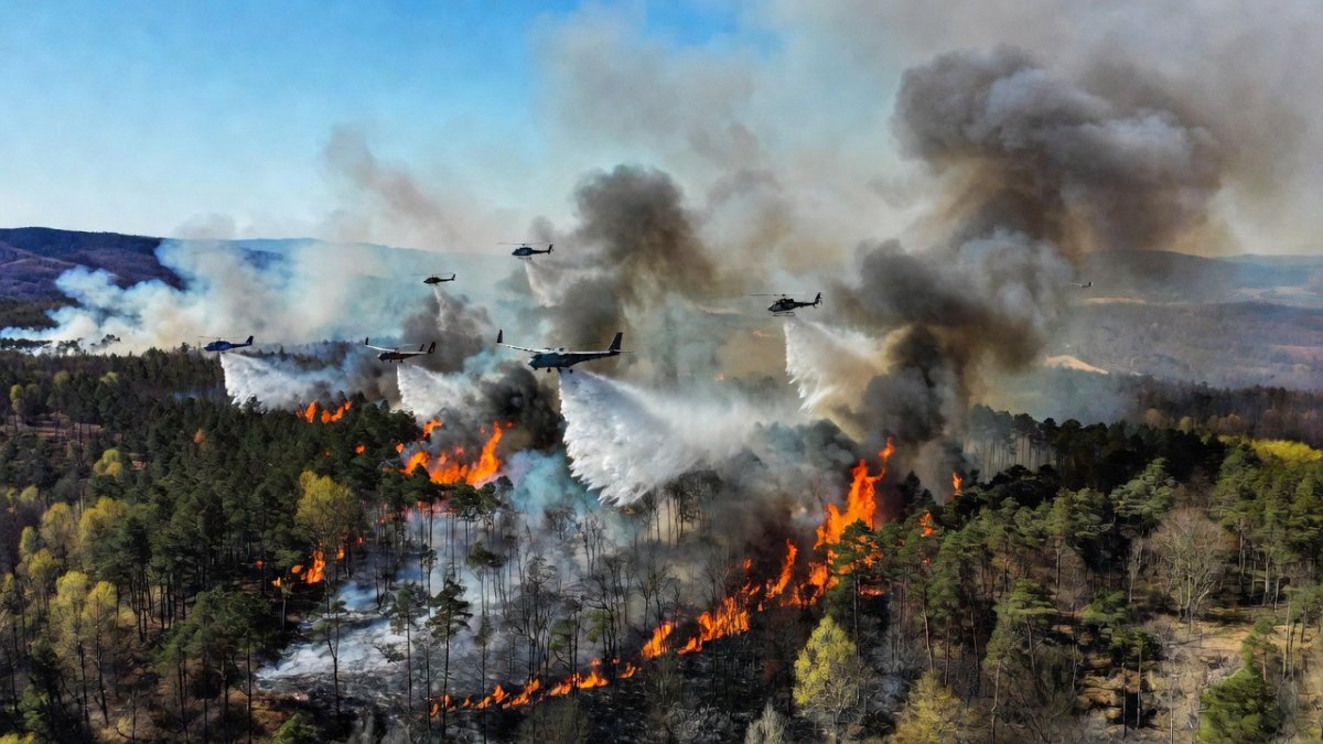 Firefighting aircraft over European forest