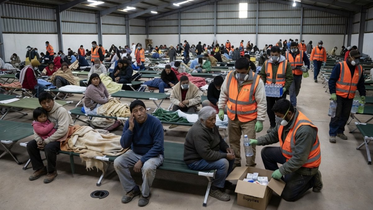 Emergency workers distributing supplies at a shelter in Coquimbo region, Chile