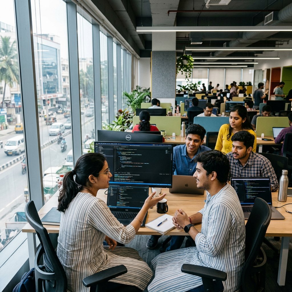 Software engineers working at an IT firm in Bengaluru, India
