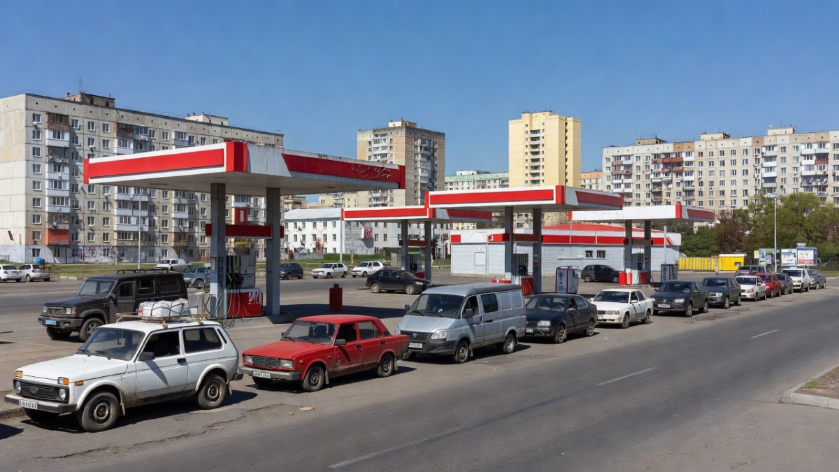 Gas station with vehicles lined up during fuel rationing in Russia