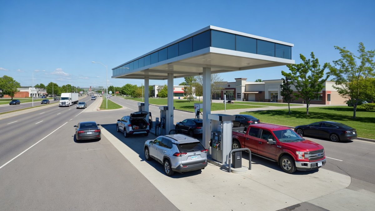 Canadian motorists at a suburban gas station