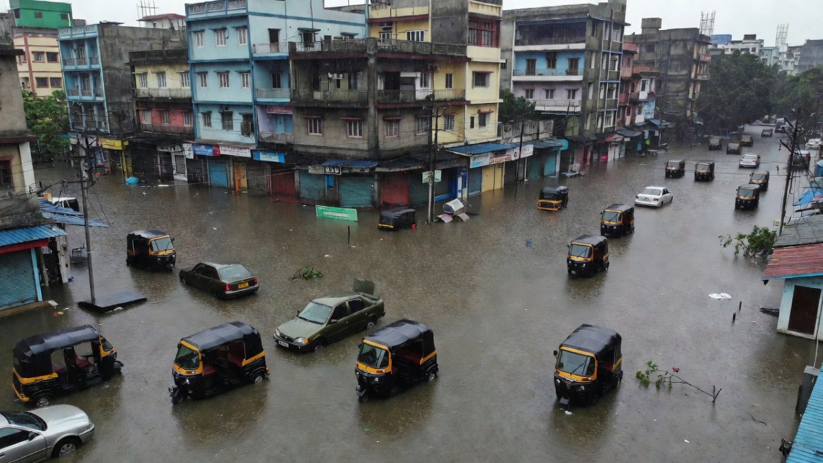Waterlogging on flooded Indian city streets during monsoon