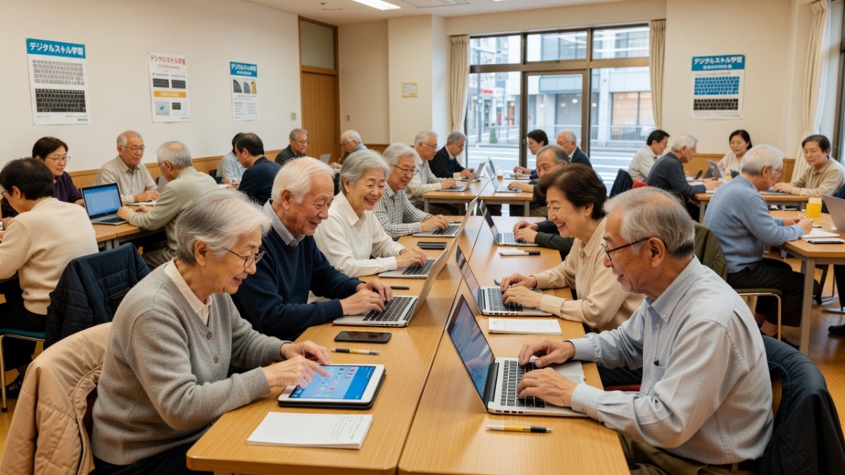 Community digital skills workshop in Japan with senior citizens learning to use laptops and tablets