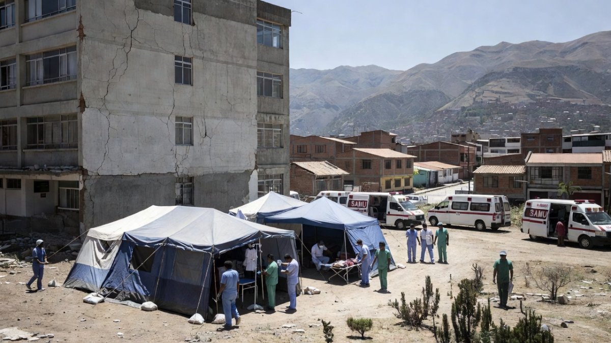 Cracked hospital walls and emergency tents in Huancayo, Peru