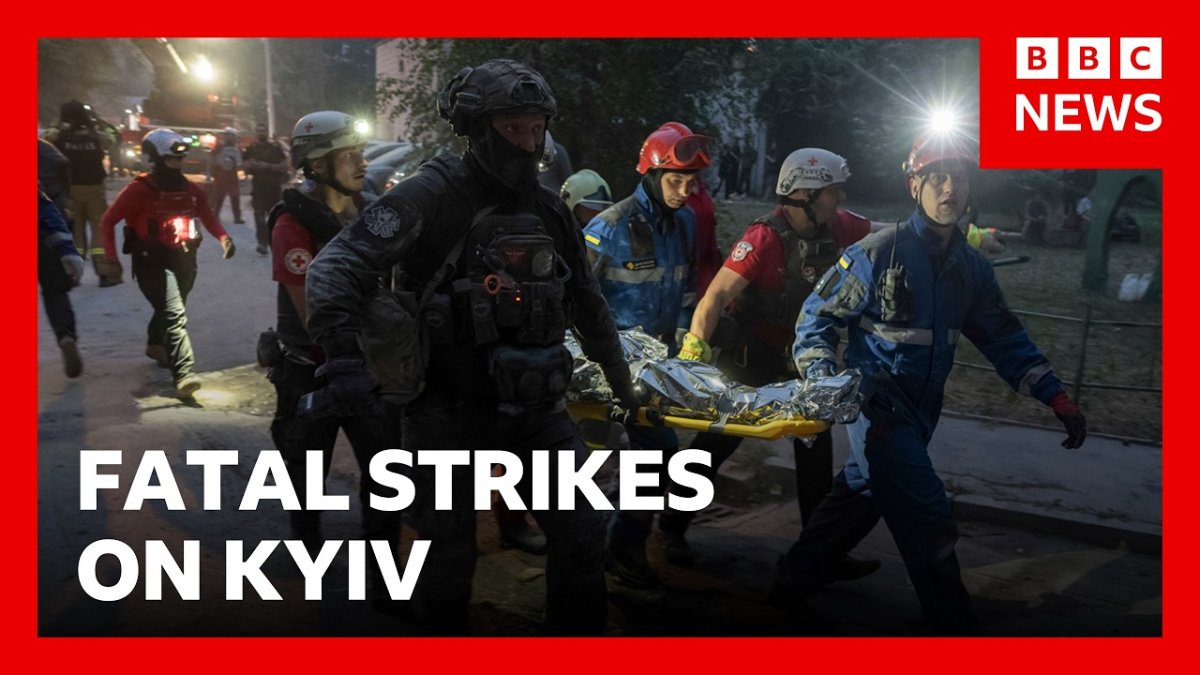 BBC News video thumbnail showing aftermath of Russian missile strike on Kyiv