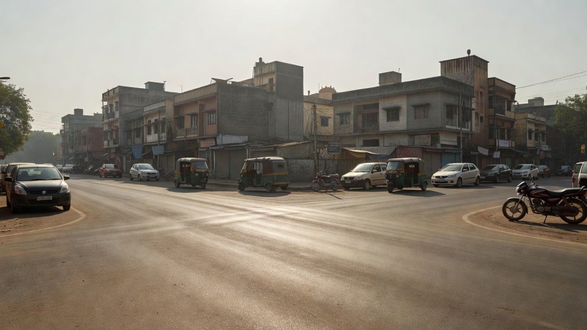 Delhi street scene during summer heatwave with empty roads