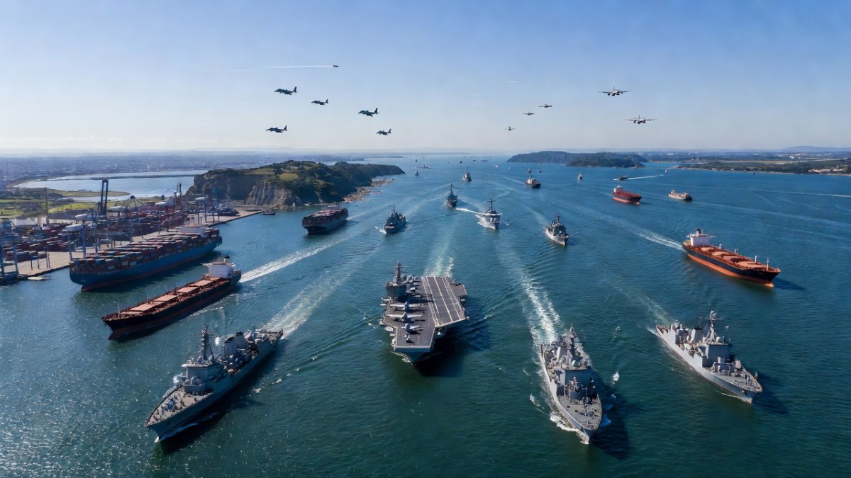 Aerial view of the Strait of Hormuz shipping waterway with naval presence