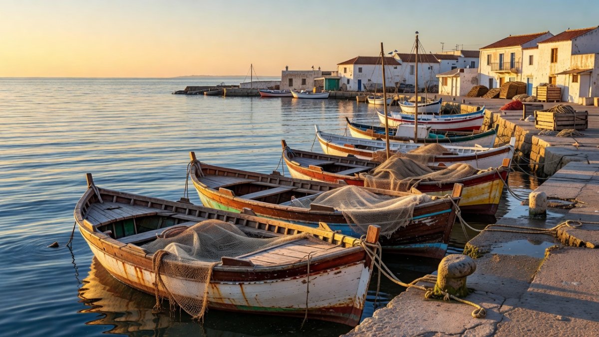 Fishing boats moored at Gaza's port as boat builders repair vessels damaged in the war