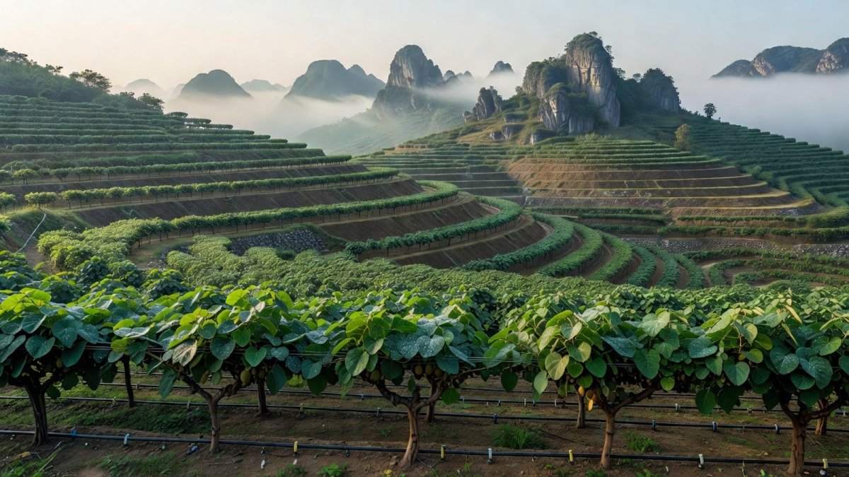 Kiwifruit orchard on terraced hills in Hunan Province with drip irrigation