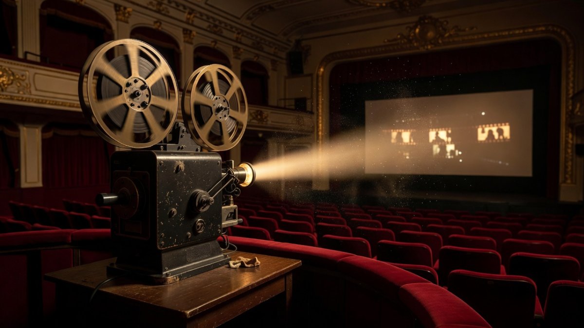 A vintage cinema film projector casting a beam of light in a dark theatre