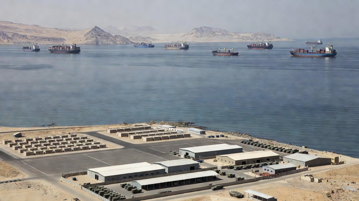 Aerial view of the Strait of Hormuz coastline with naval infrastructure, the strategic waterway near Minab