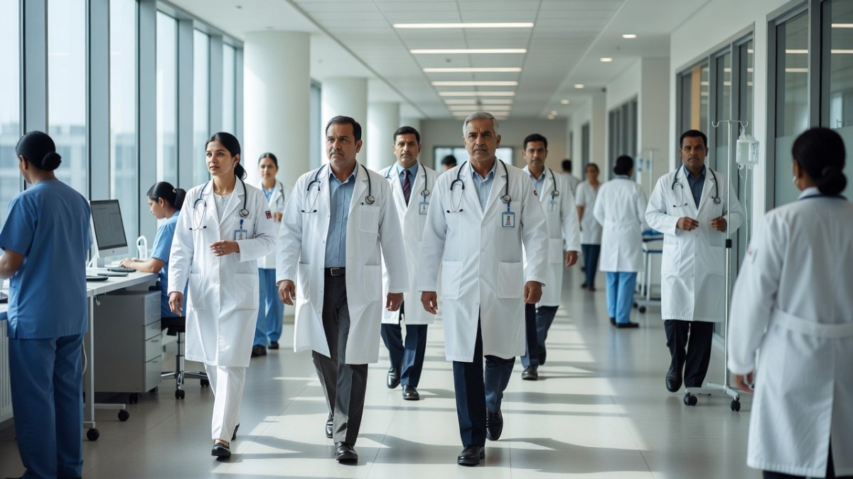 Indian doctors in a hospital corridor in New Delhi
