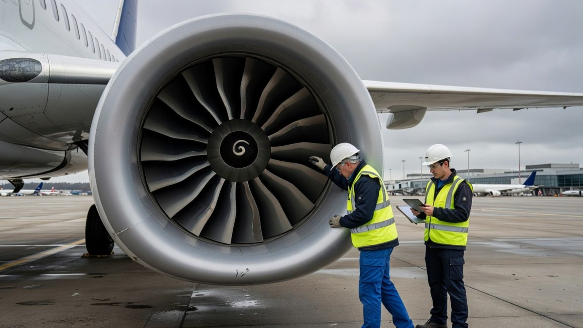 CFM56 jet engine fan being inspected on a parked Boeing 737