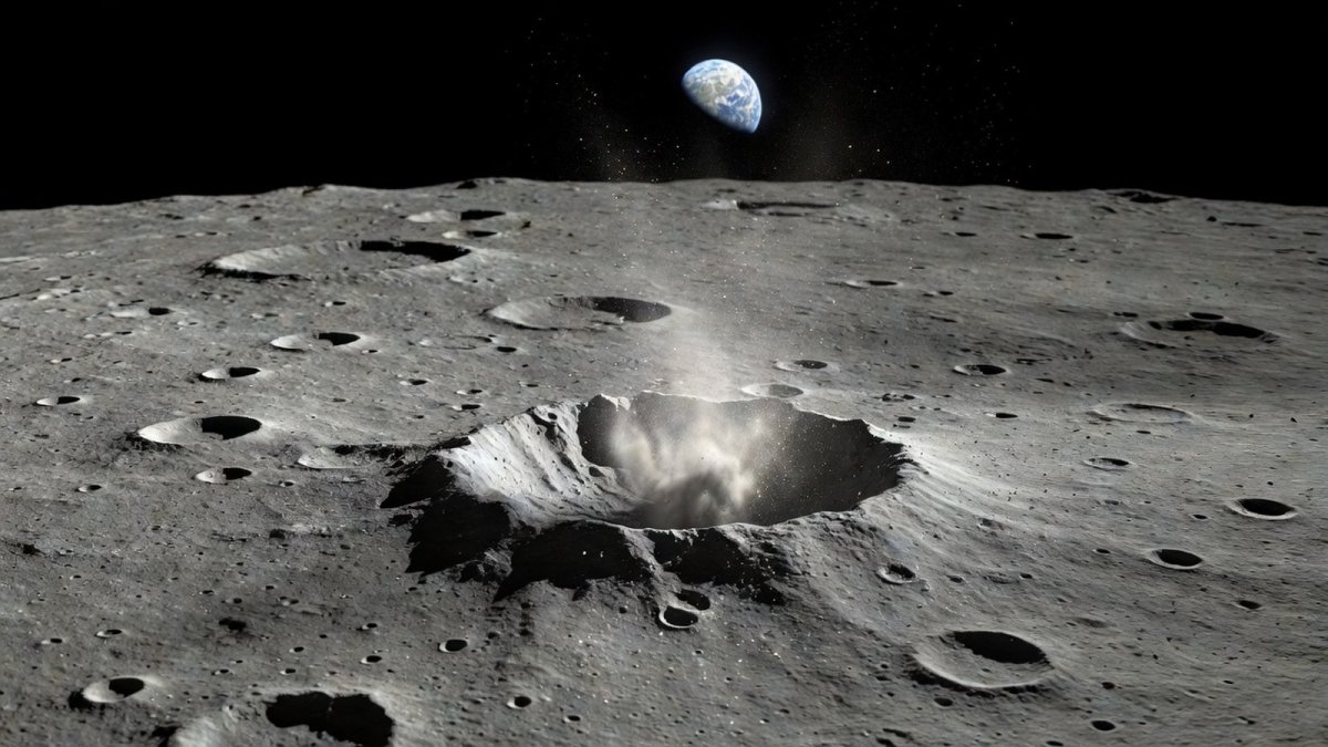 Lunar surface with a fresh impact crater, photographed in orbit