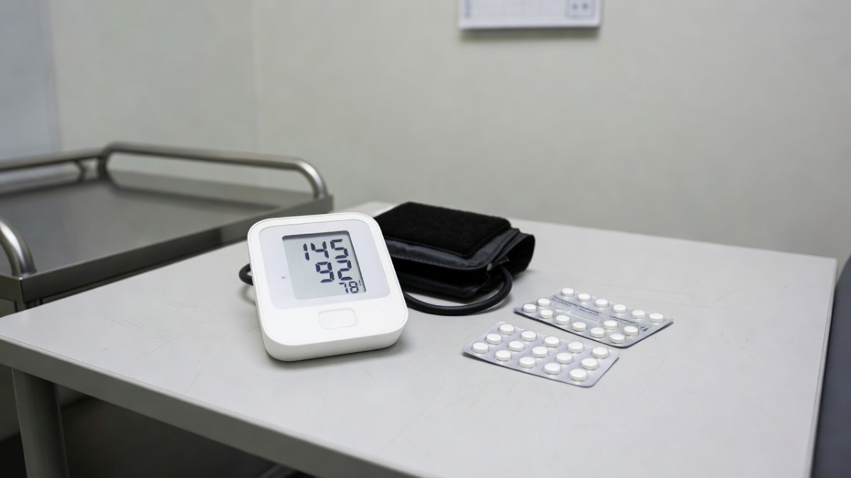 Digital blood pressure monitor beside hypertension medication blister packs