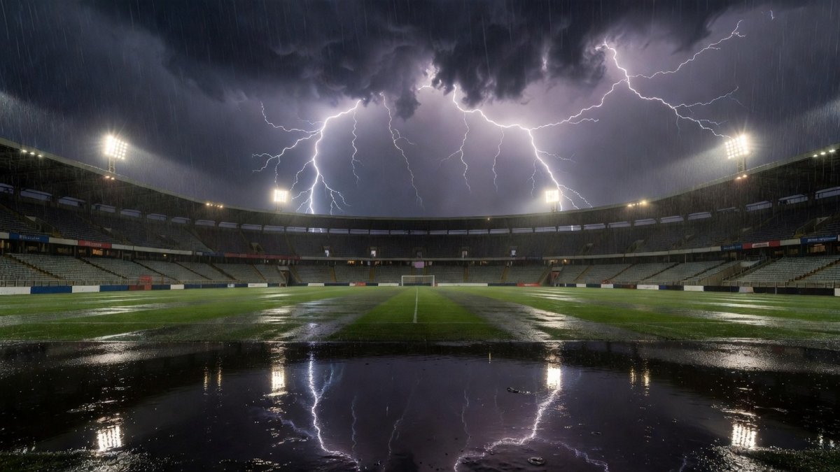 Lightning over a football stadium during an evening rainstorm