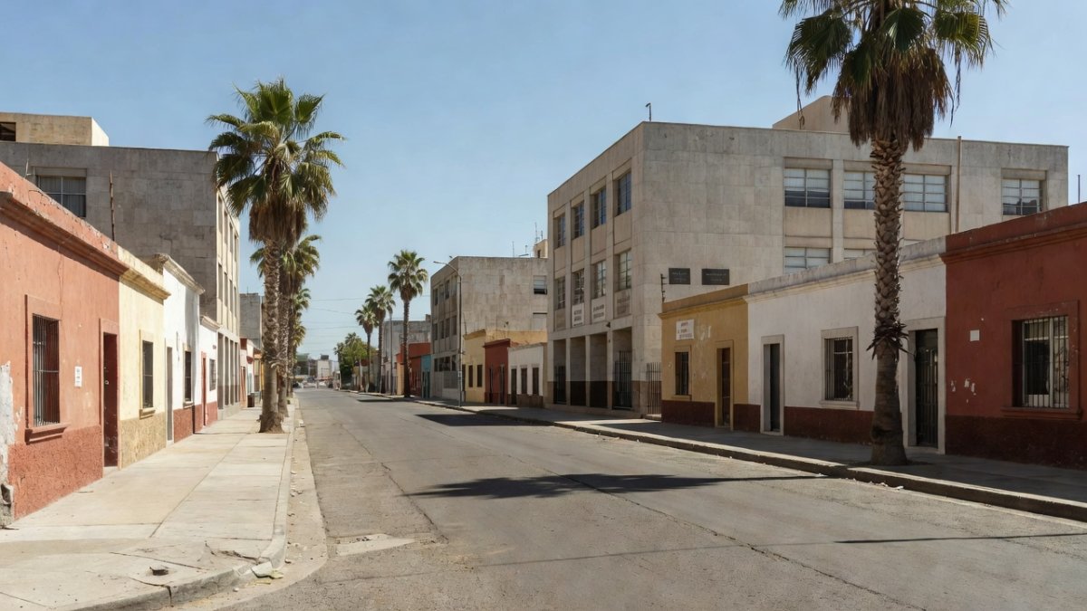 Street scene in a Mexican city with government buildings and palm trees